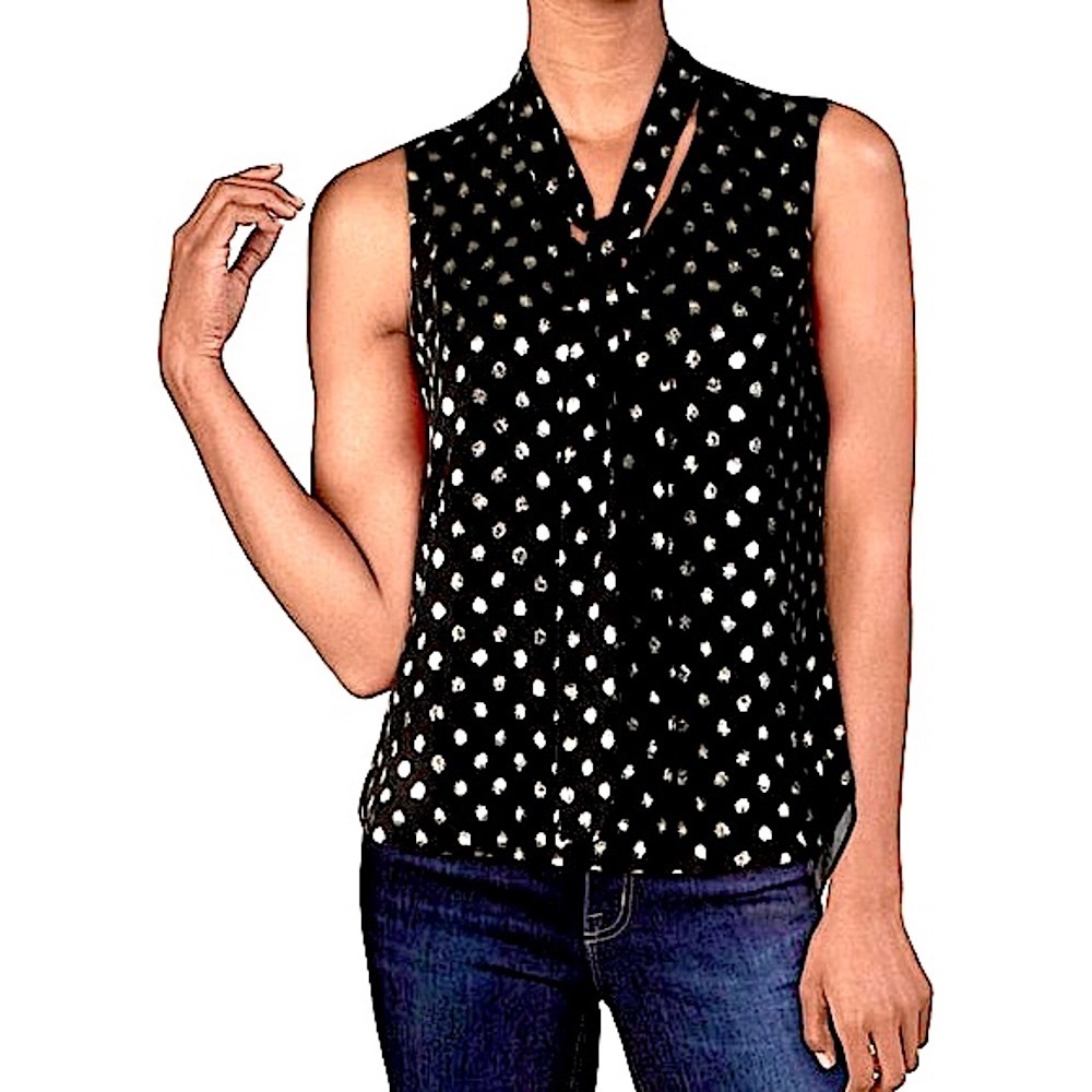 Bar III 3 Tie Neck Metallic Gold Polka Dot Black Sleeveless Top Work Business XS